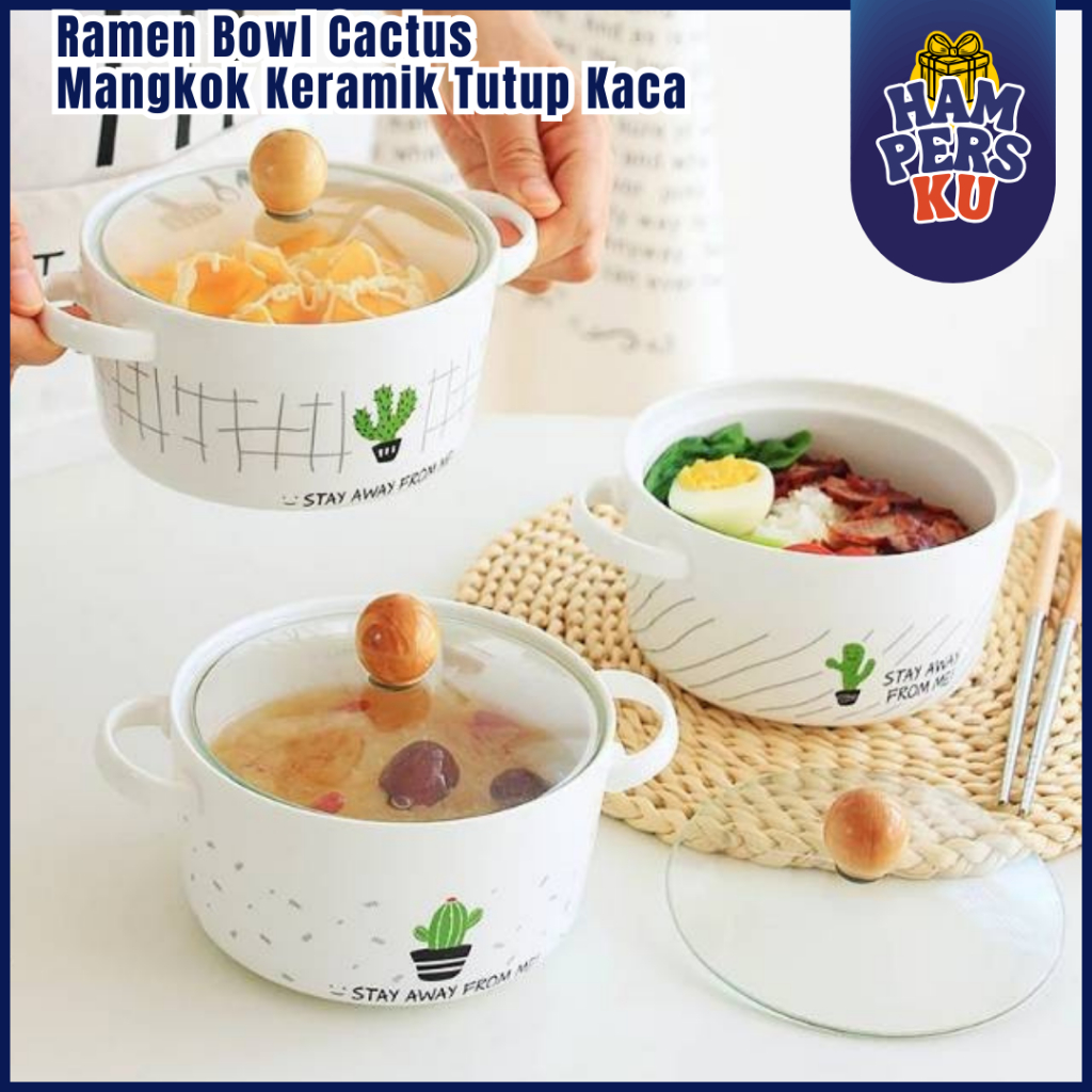 Mangkok Tutup Kaca Mangkok Korea Motif Cactus Aesthetic Mangkok Keramik Sajian Sop Mie Nasi 800ML