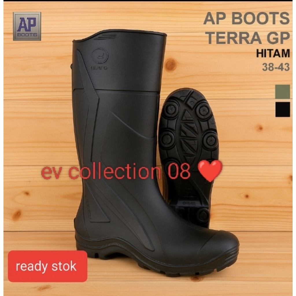 "AP Boots Terra GP Sepatu Boot Safety Pria Wanita Anti Air Anti Licin Kerja Ladang Hitam Size 38-43
