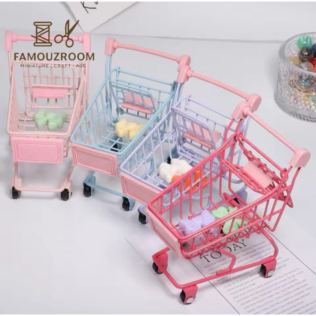 Miniatur Troli Belanja Dorong - Keranjang Belanja Mini Supermarket - Miniatur Troli Barbie - Dollhou