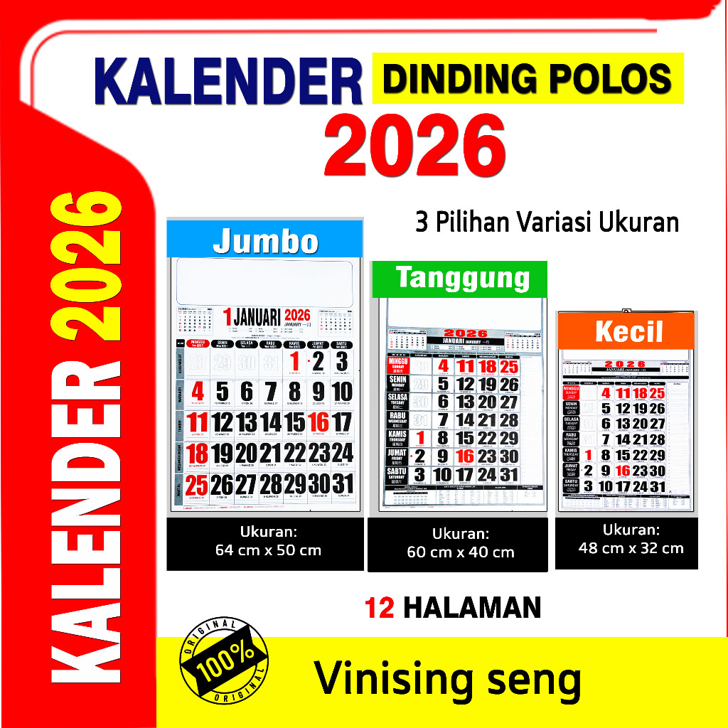 

Kalender Dinding Terbaru 2026/Kertas HVS/Vinising Plat/Ukuran JUMBO/TANGGUNG/KECIL