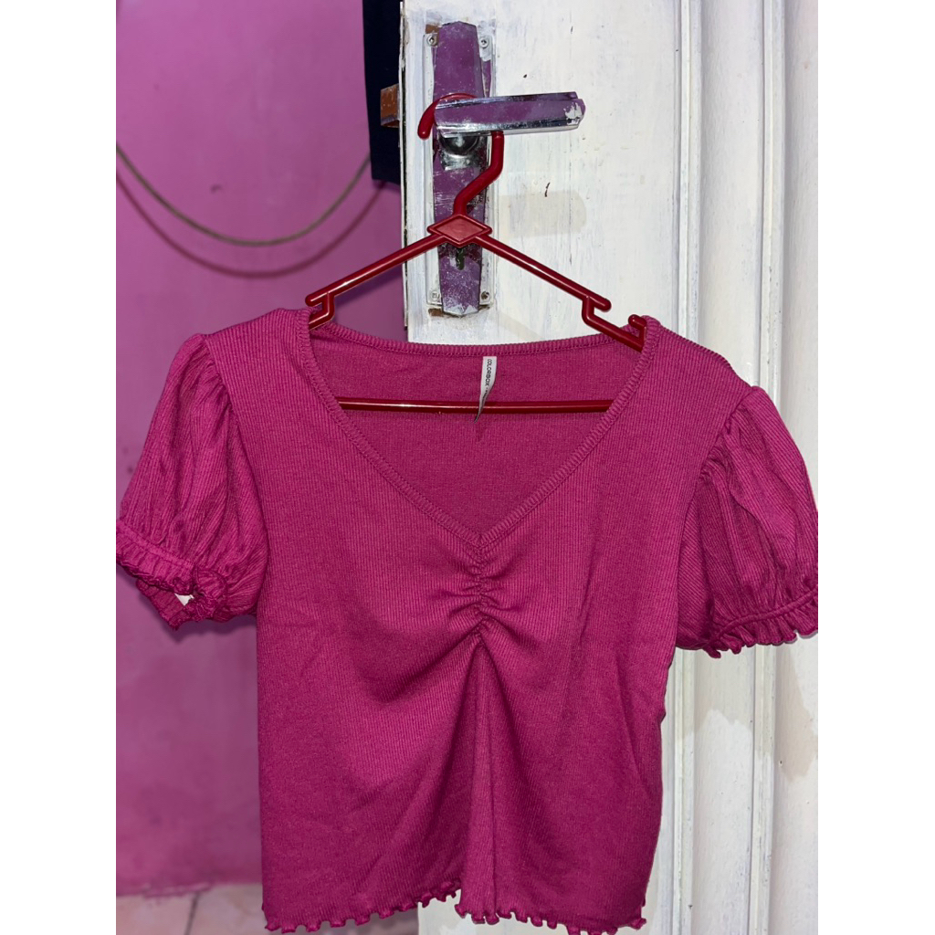 Preloved Crop Top Colorbox Wanita Kekinian | Atasan Lengan Puff Kerut Dada V-Neck
