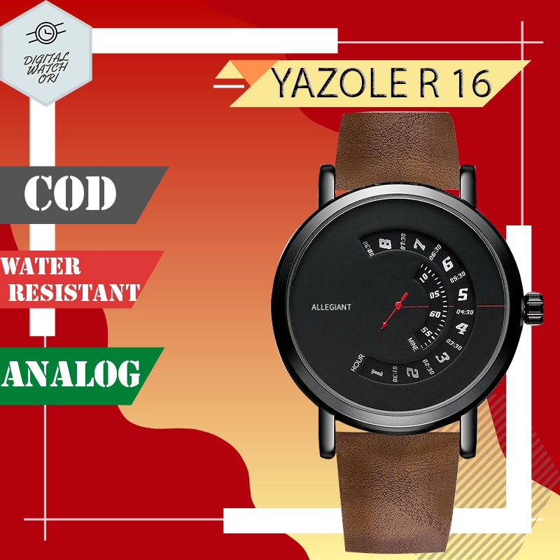 YAZOLE R 16 JAM TANGAN PRIA ANALOG WATER RESISTANT LUXURY TALI KULIT ORIGINAL