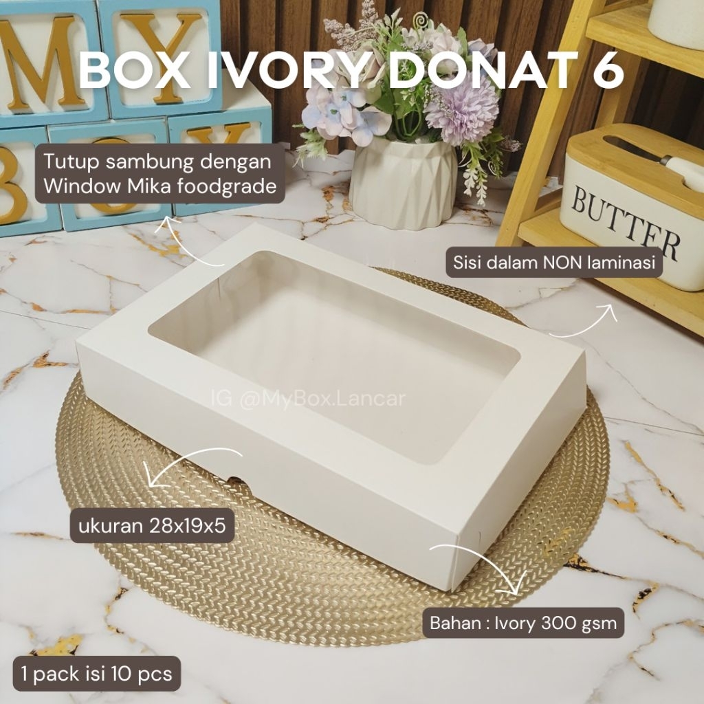 (10 Lembar) Box Donat Ivory Putih Window Mika , Dus Donat, Kotak Donat, Kemasan Donat Isi 6 Tutup