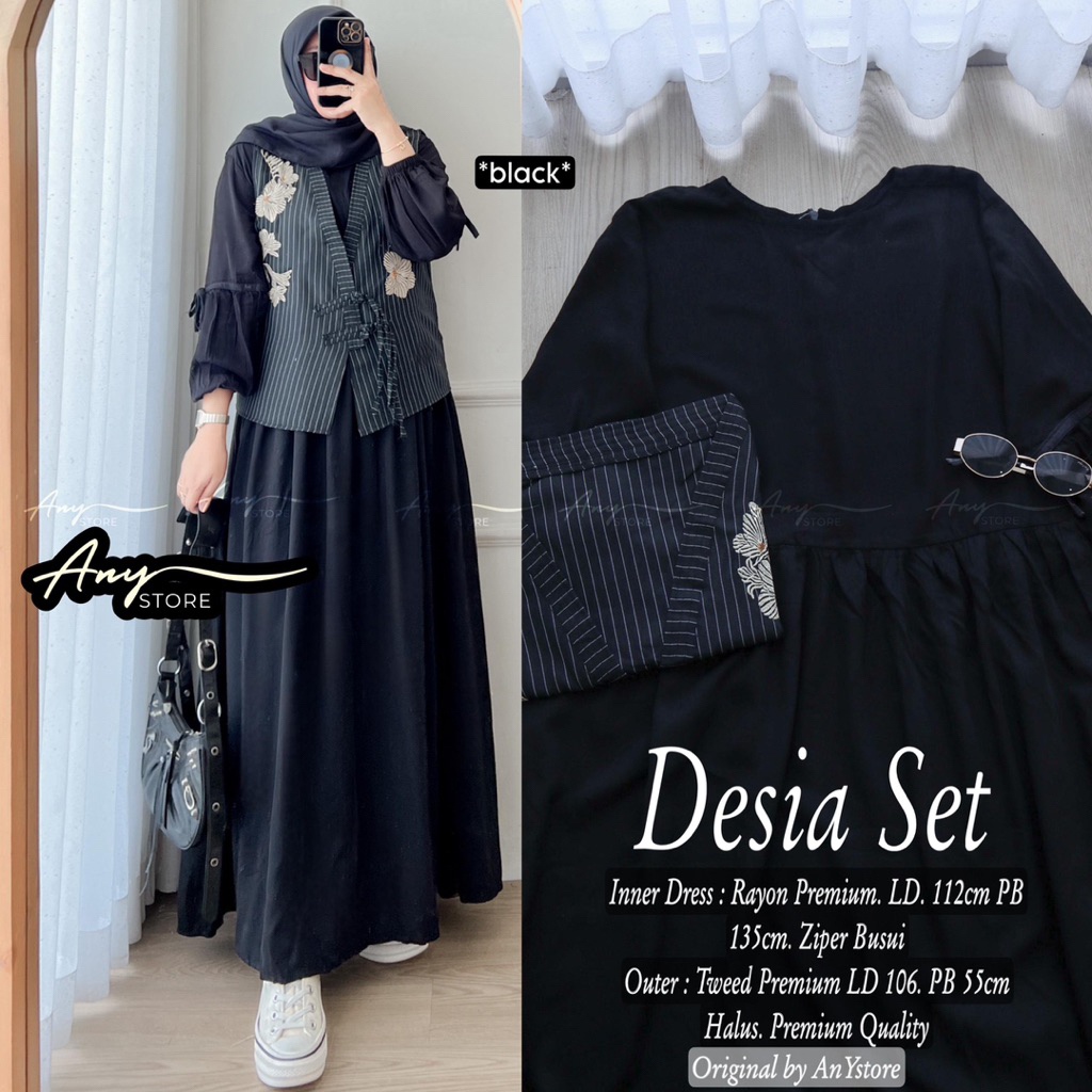 DESIA SET ORIGINAL BY ANY STORE oneset setelan inner dress polos dan outer vest stripe bordir bunga 