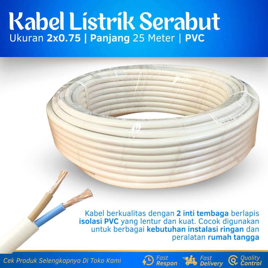 Kabel Listrik Serabut 2x0.75 Tembaga Murni Kabel Listrik 25 Meter Warna Putih Kabel Serabut 1 Roll 2