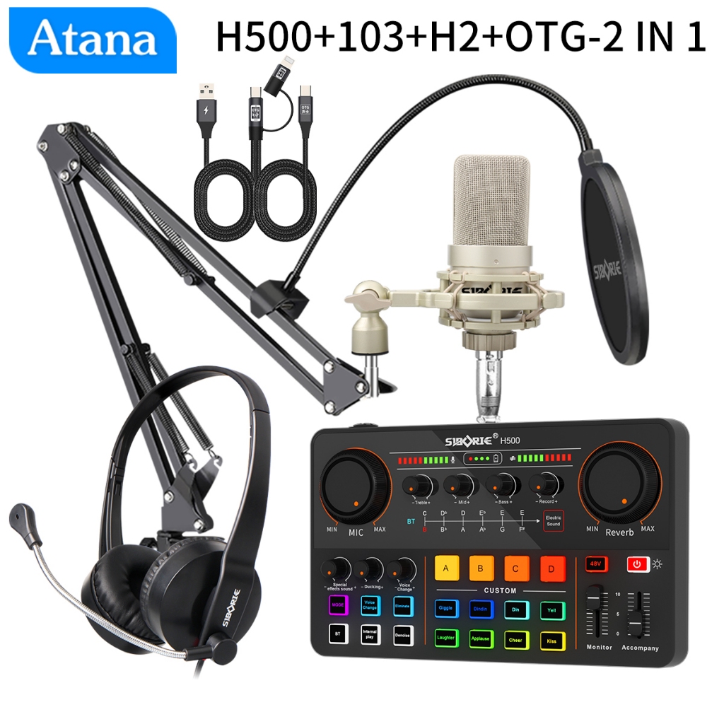 Siborie【Free OTG】Soundcard H500+103 Mic+H2 Headphone Paket Lengkap For Live Streaming Media