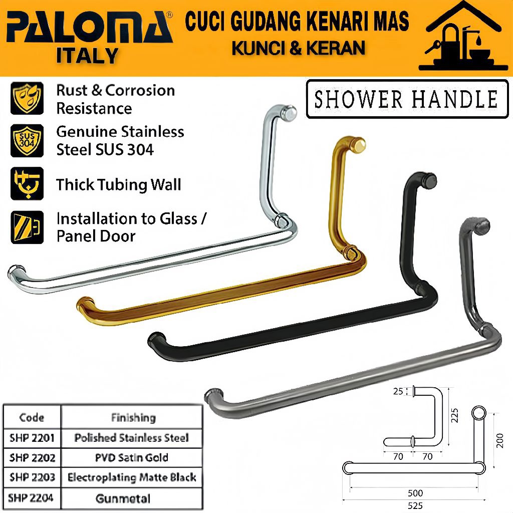 PALOMA SHP 2201 SHP 2202 SHP 2203 SHP 2204 Gagang Pintu Kaca Kamar Mandi Pull Handle Shower Box Stai