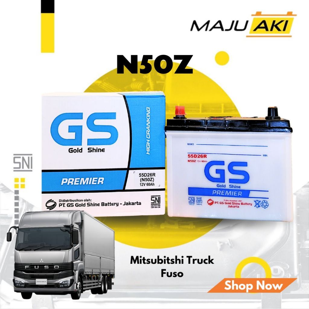 Aki Mobil Mitsubishi Truk Fuso Aki Basah GS Gold Shine Dry Charge Premier N50Z 12V 60Ah