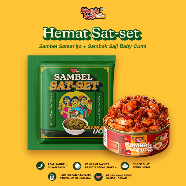 

Hemat Sat Set - Sambal Ijo 15 gr (12 Pcs) & Sambak Saji Baby Cumi 140 gr (1 Pcs) - Sambal Bakar Saji - Sambal Bakar Indonesia