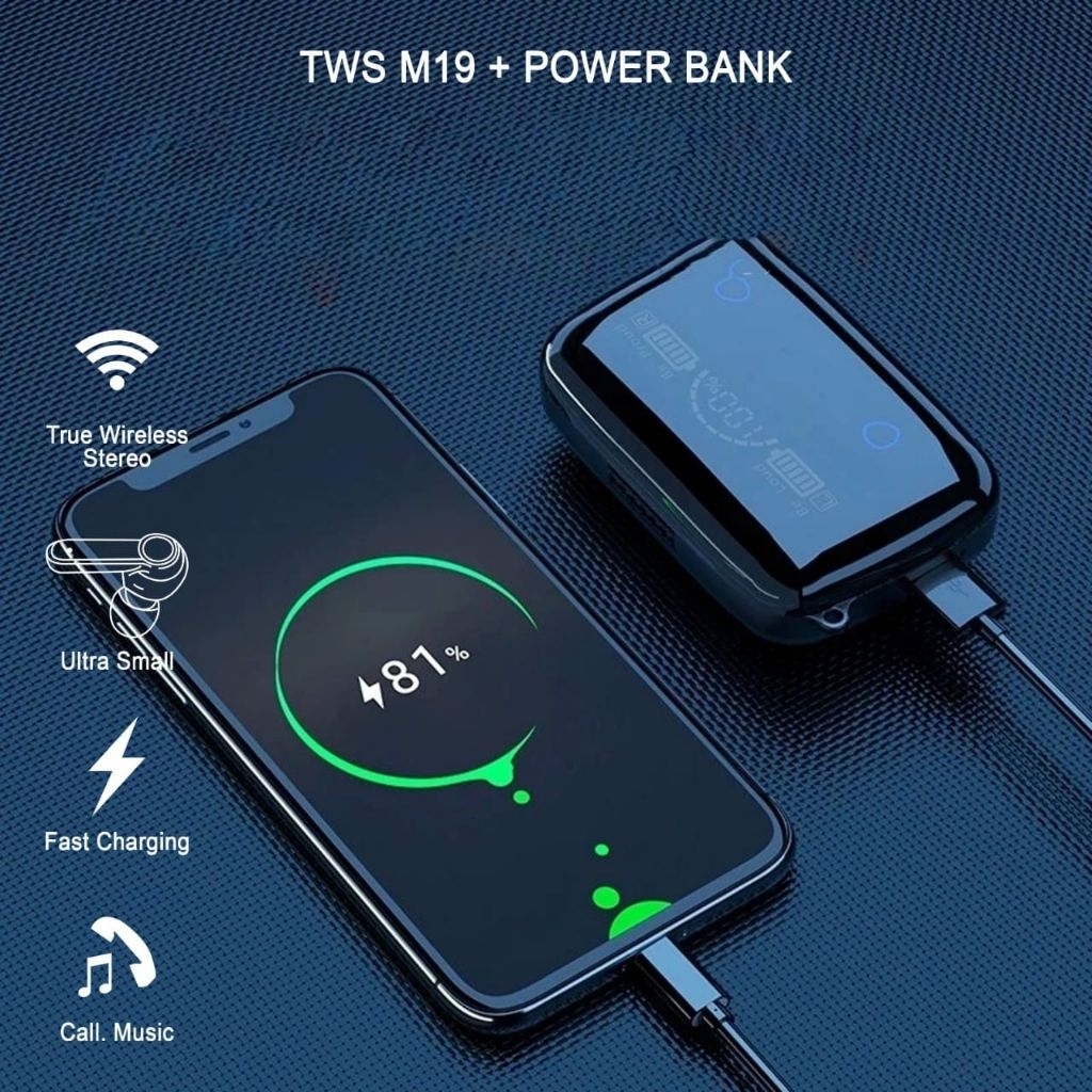 Earphone headset handsfree bluetooth Tws M19+power bank