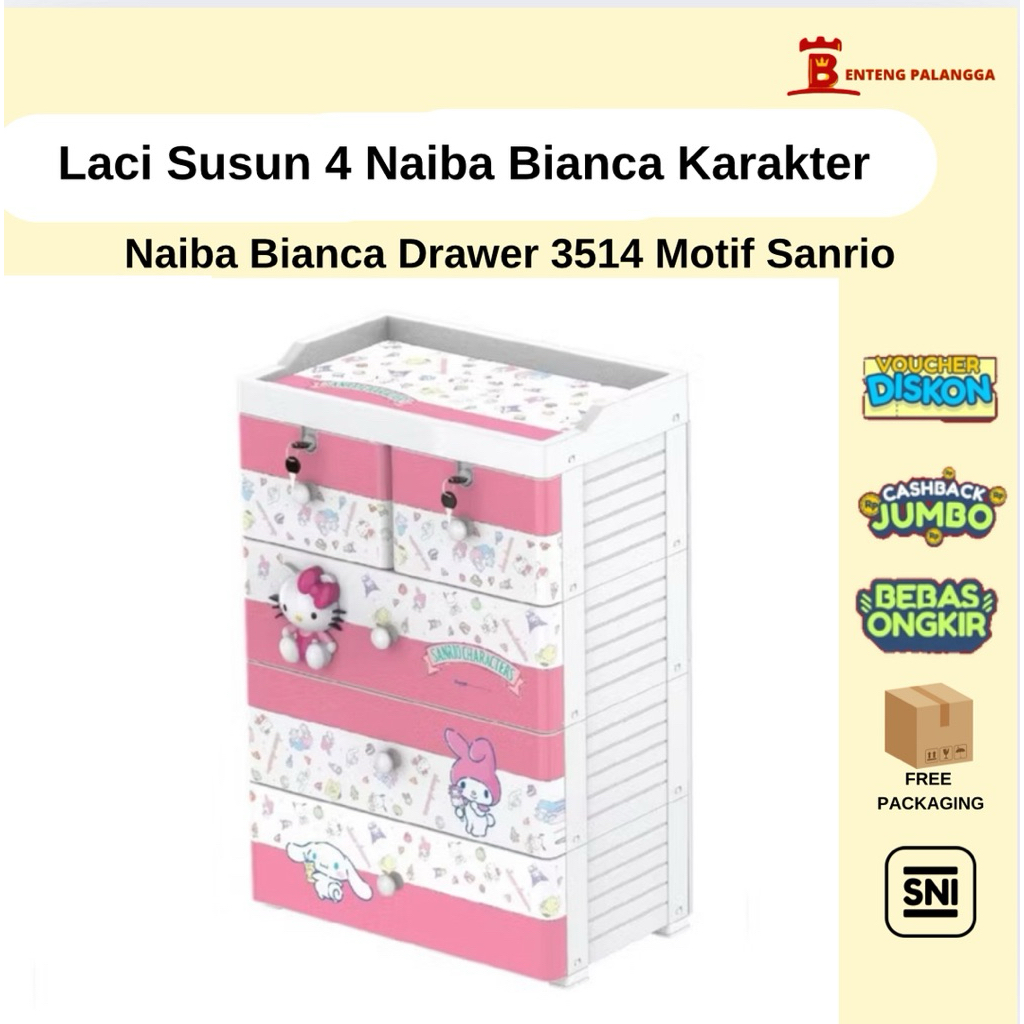 Laci Naiba Hello Kitty / Doraemon Susun 4 | Naiba Bianca Drawer 3514 | Lemari Laci Plastik 4-Susun M