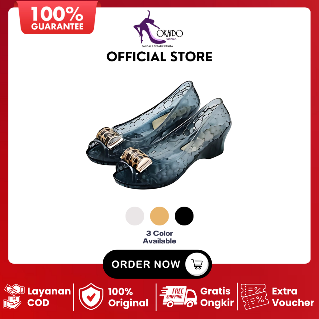OKAIDO OFFICIAL Sandal Jelly Hak Pendek Wedges Heels Wanita Transparan Motif Bunga Korea Style Trend