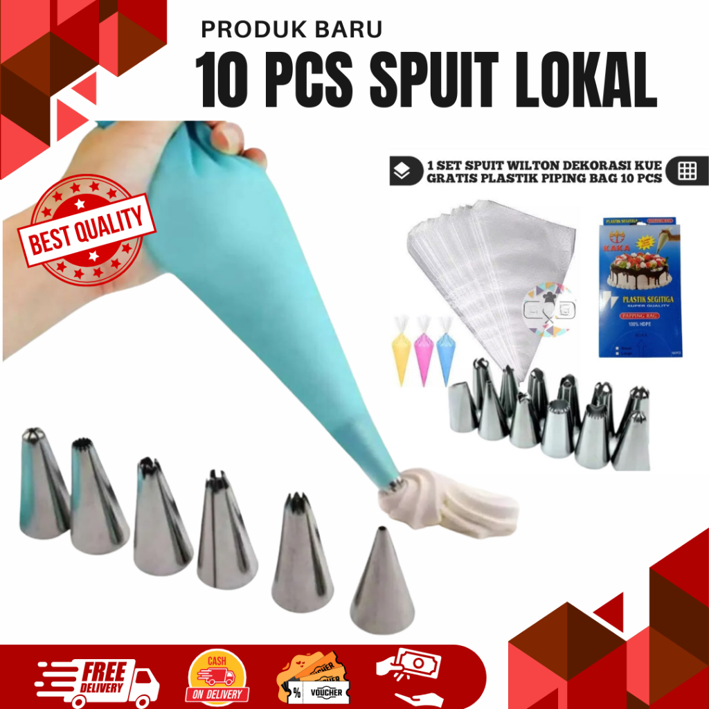 spuit lokal 10 pcs dan 10 pcs plastik segitiga / cetakan kue semprit / cetakan kue kering