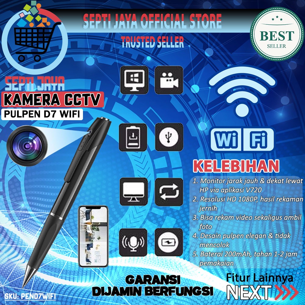 PEND7WIFI Spy Camera Pulpen WiFi D7-W Kamera Pena Perekam Rahasia Tersembunyi 1080P Hidden Pen Cam