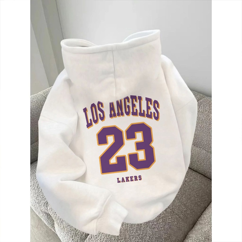 Disneay Hoodie Boxy Pria | Los Angeles Lakers No.23 Cetak Pola Putih Sweatshirt | Hoodie Pria Keren 
