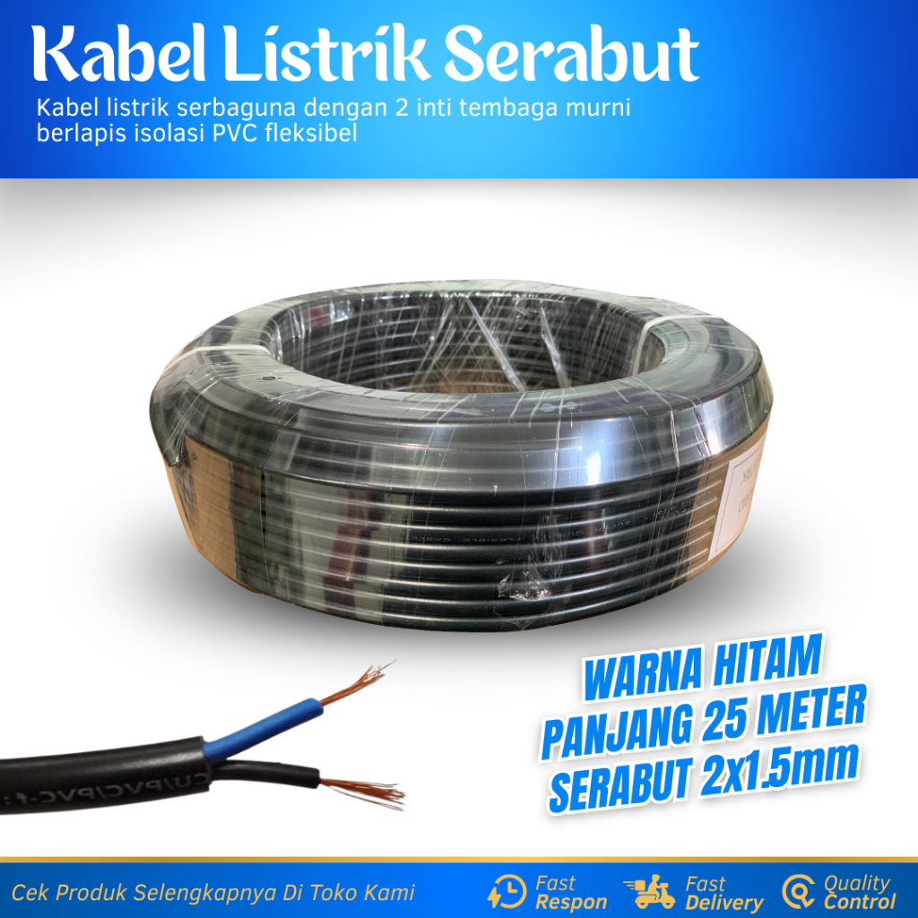 Kabel Listrik Serabut 2x1.5mm 1 Roll 25 Meter Warna Hitam Kabel Listrik Tembaga Murni 2x1.5mm Kabel 