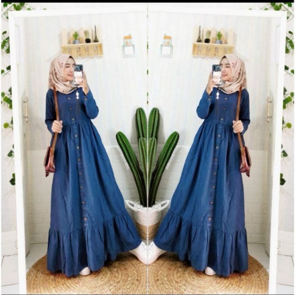 Gamis Jeans Realpict Size  L XL / Dress Jeans Drak Blue / Baju Muslim Wanita Full Kancing / Pakaian 