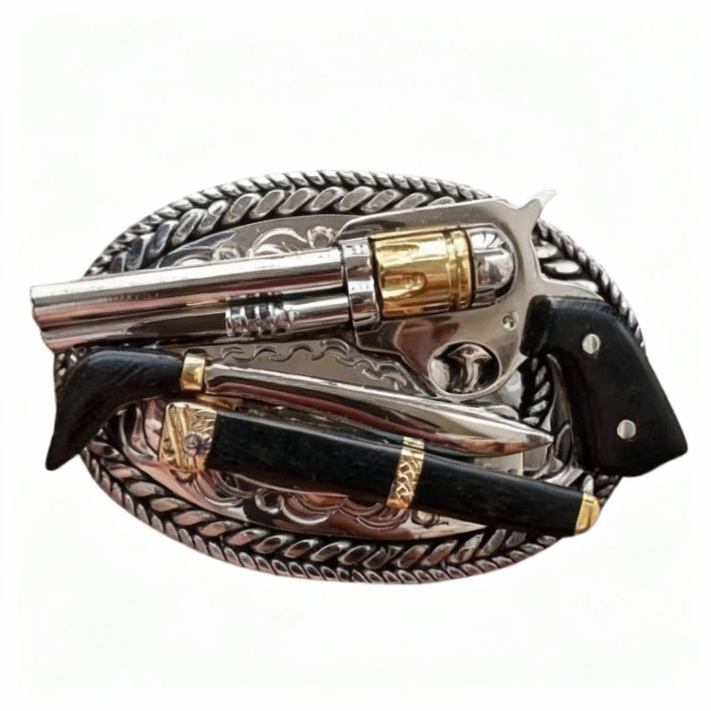 kepala ikat pinggang bahan stainless dan tanduk kerbau motif pistol dan pisau