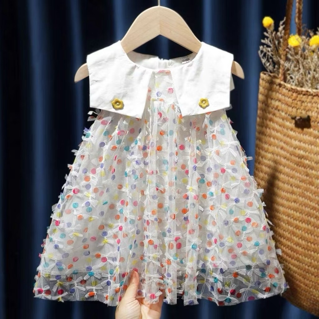 Dress Anak Tile Pelangi Anak 2-4tahun Cute Collar Gaun Anak Perempuan Tille Tiulle Pesta Party