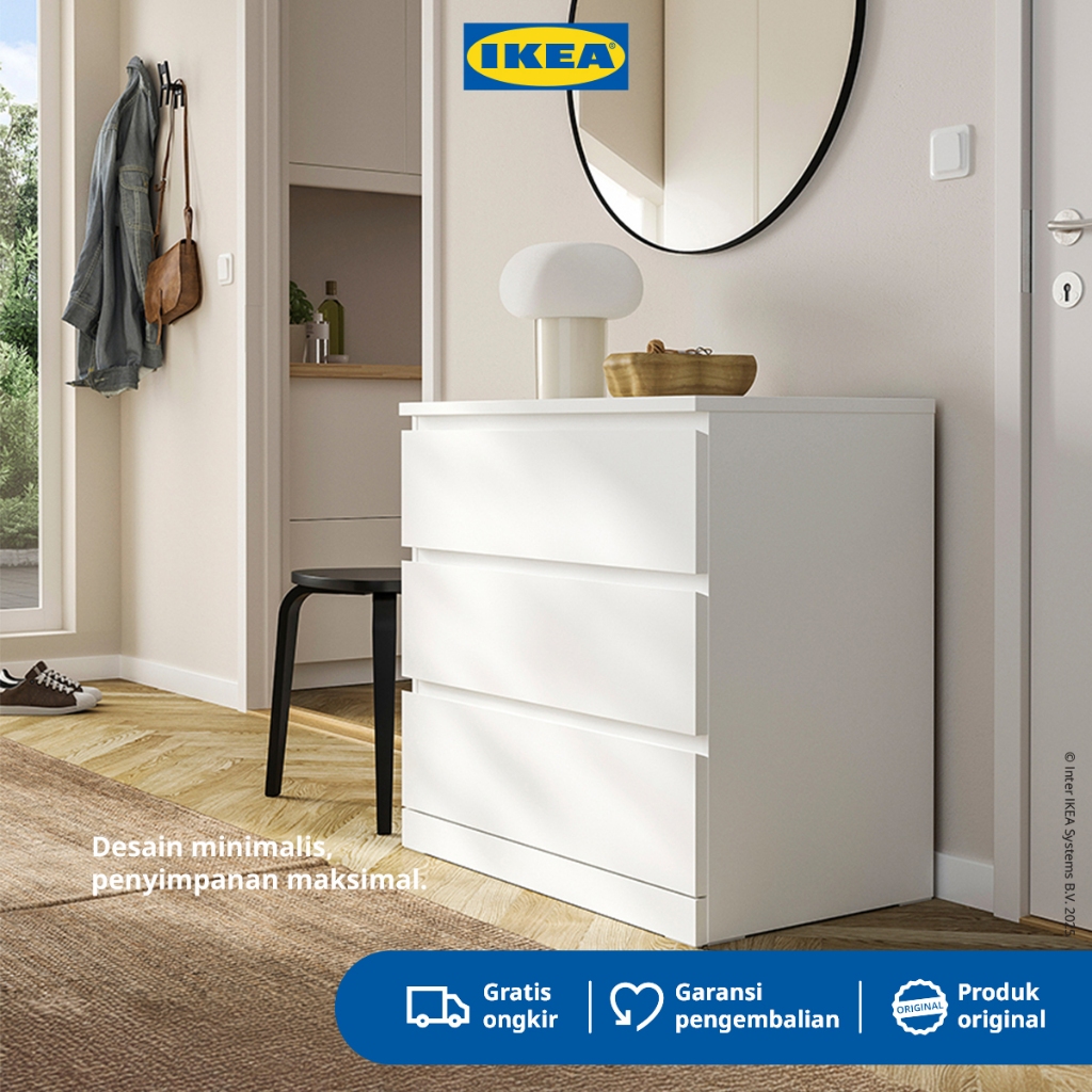 IKEA MALM Lemari Laci 3 Susun Putih Minimalis 80x78 cm