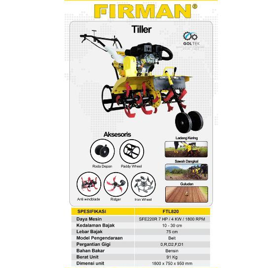 Tiller Firman FTL820 | Mesin Bajak Sawah & Lahan Kering | Cultivator | Pembuat Guludan