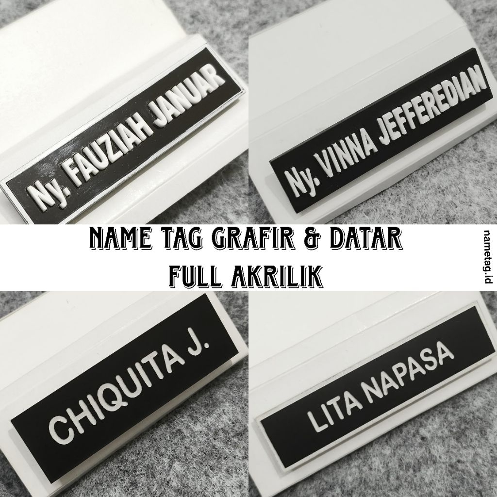 

Papan Nama Pdh Akrilik Datar & Timbul | Full Hitam & Lis Putih | ukuran 2x8cm & ukuran 2,5 × 8cm | Glossy dan Dove