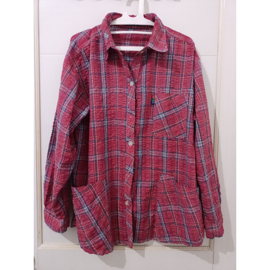 Kemeja kotak pink lengan panjang katun