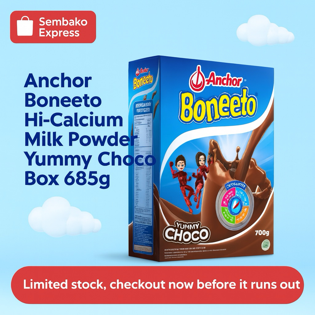 

Anchor Boneeto Susu Bubuk Hi-Calcium Choco Box 685g – Nutrisi Kalsium Tinggi Rasa Cokelat