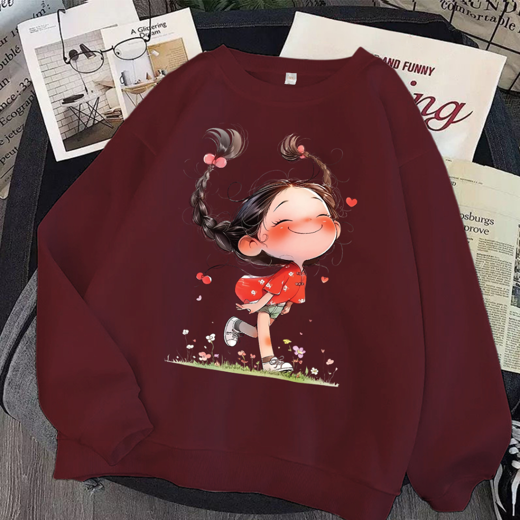 YS BUYER Sweater Oversize Wanita Bahan Katun Gambar Happy Girl Aesthetic