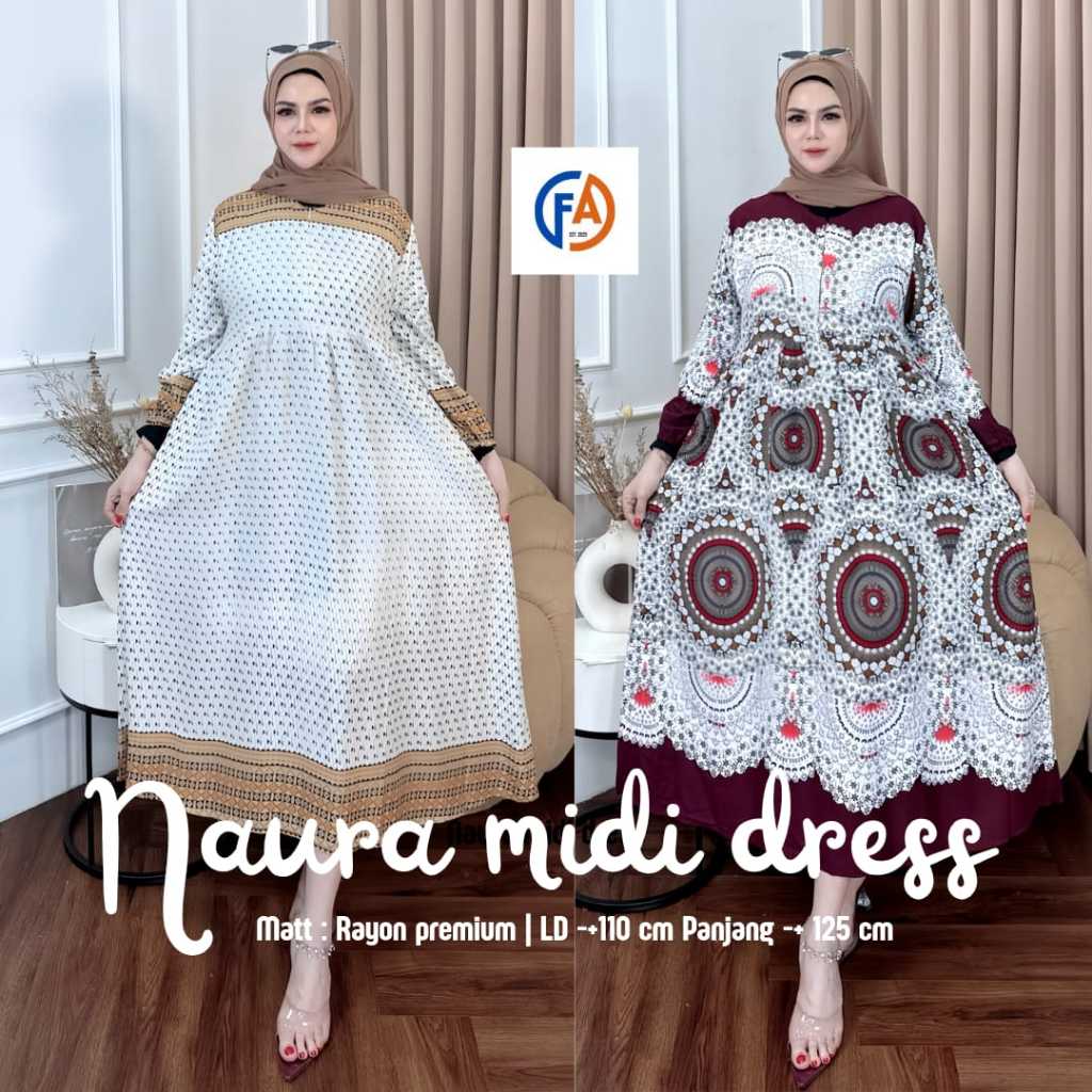 Naura Midi Dress Rayon Motif Premium Busui Lengan Karet