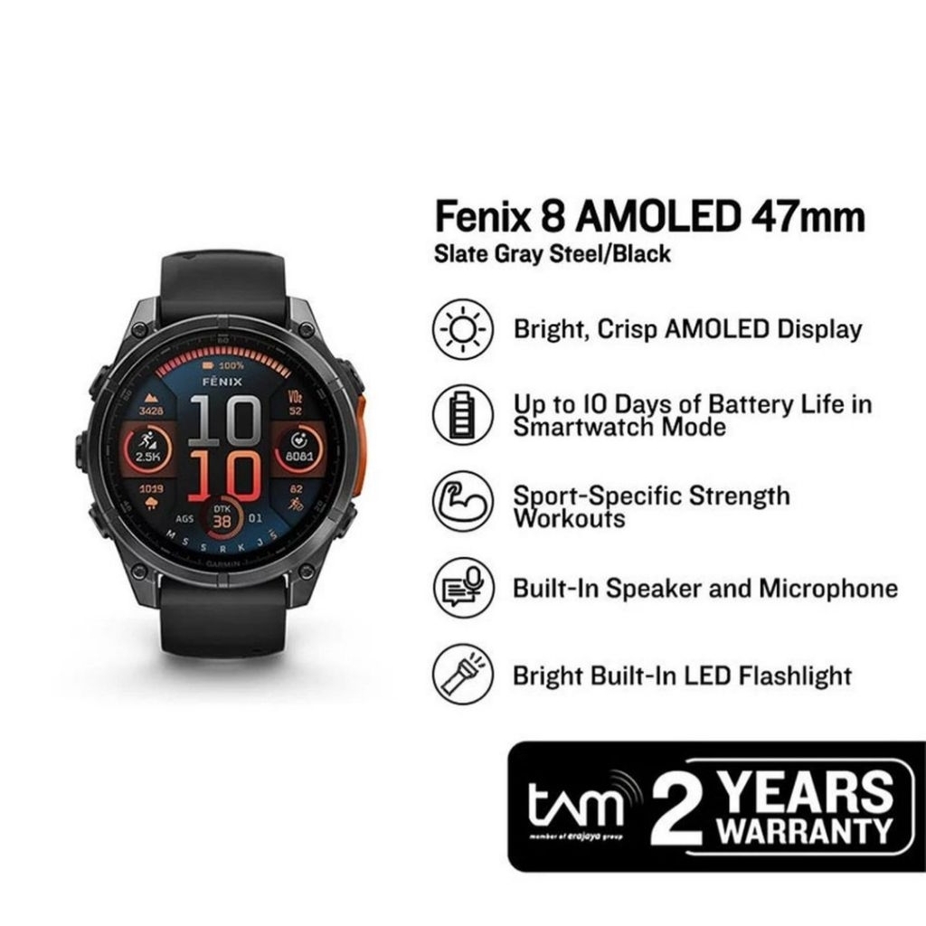 GARMIN Fenix 8 Amoled Slate Gray 47 mm Steel Ultimate GPS Multisport Smartwatch Garansi TAM