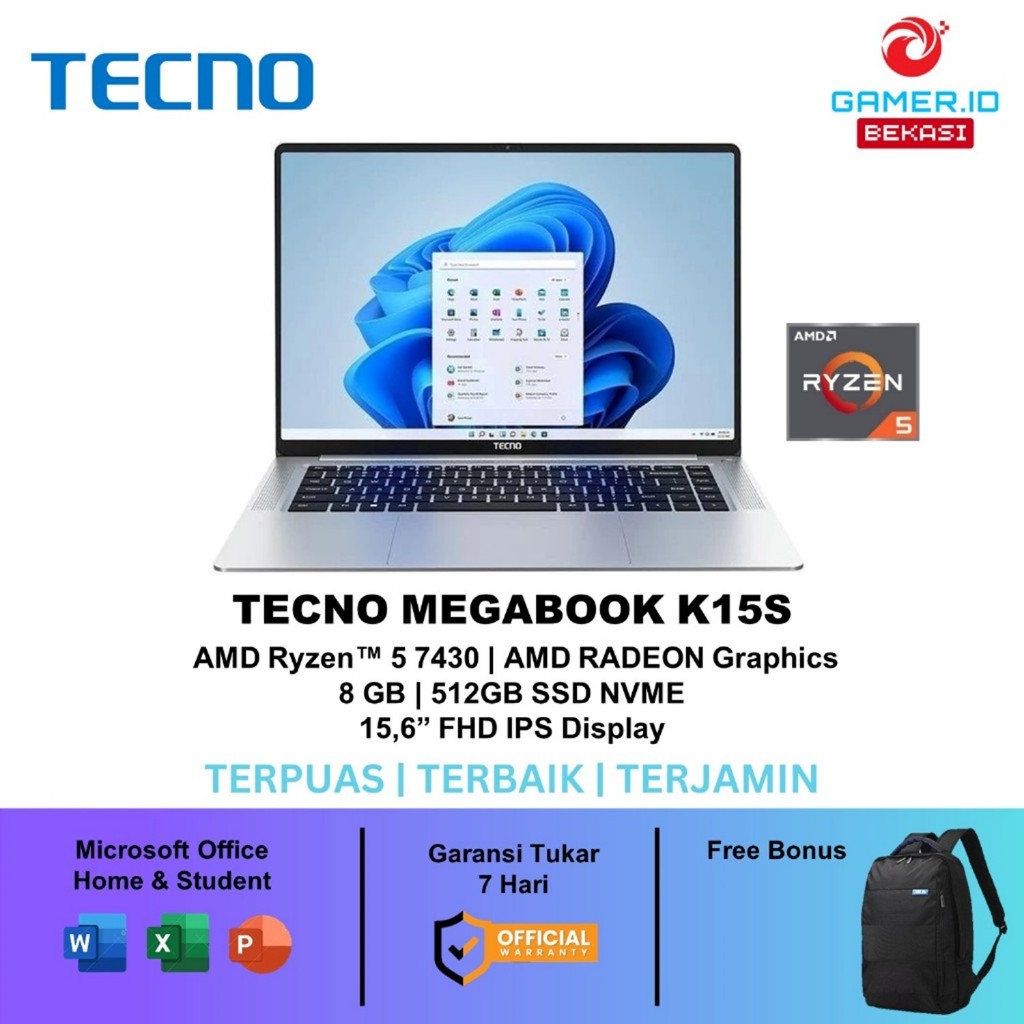 LAPTOP TECNO MEGABOOK K15S/K16S AMD Ryzen 5 7430U RAM 16GB 512GB SSD