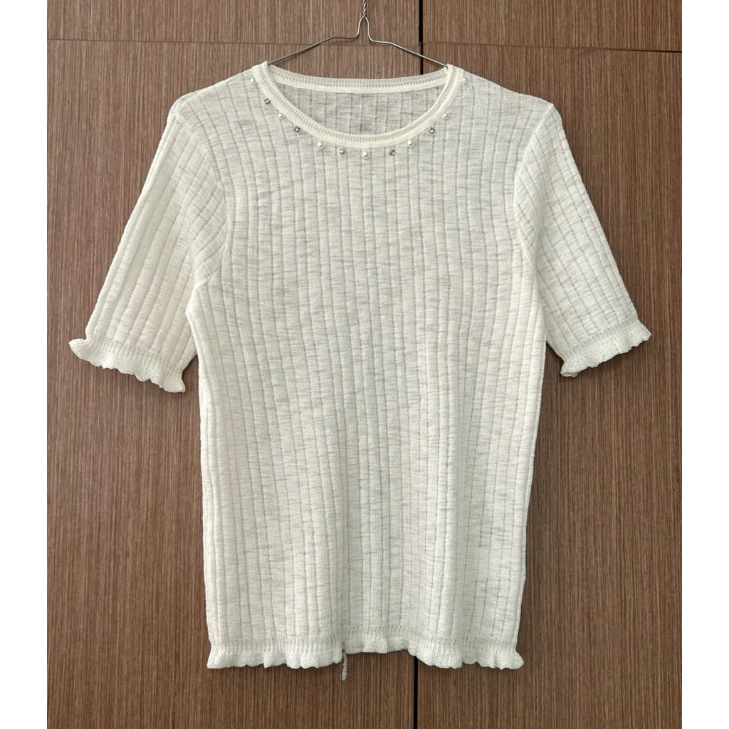 651 knit putih lengan pendek manik rajut lidi