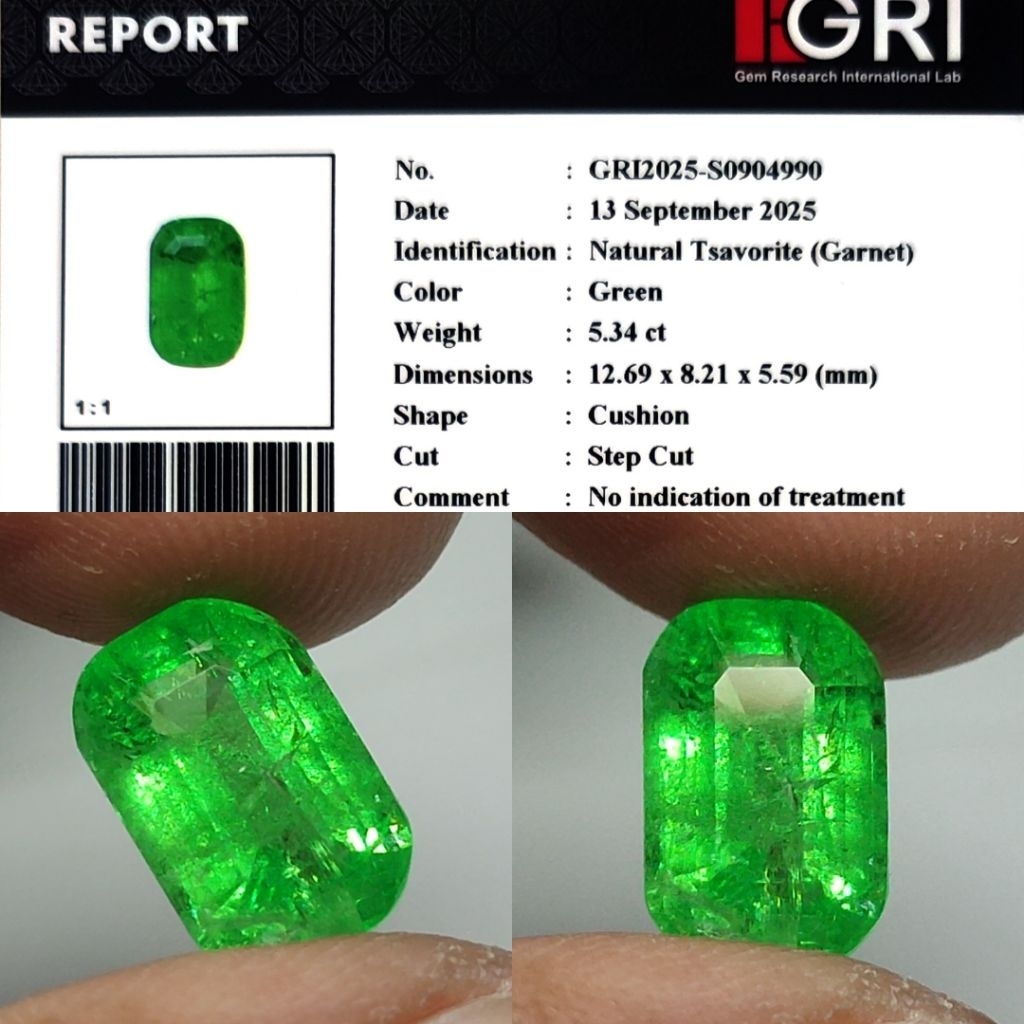 Natural Tsavorite Garnet 5.3ct GRI Material Crystall Good Luster Gemericik Nice Color Body Kaca Meta