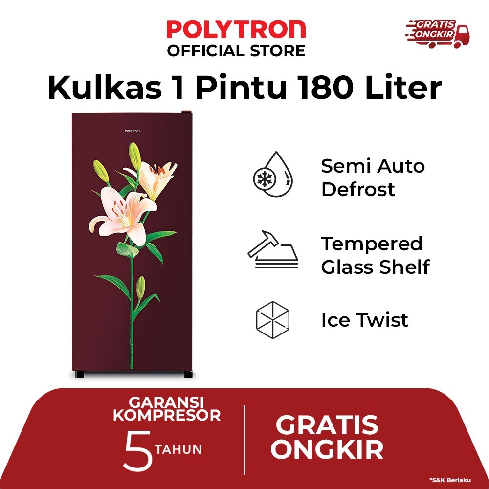 POLYTRON Kulkas 1 Pintu Metallic 180 Liter PRB 187PR / PRB187PR
