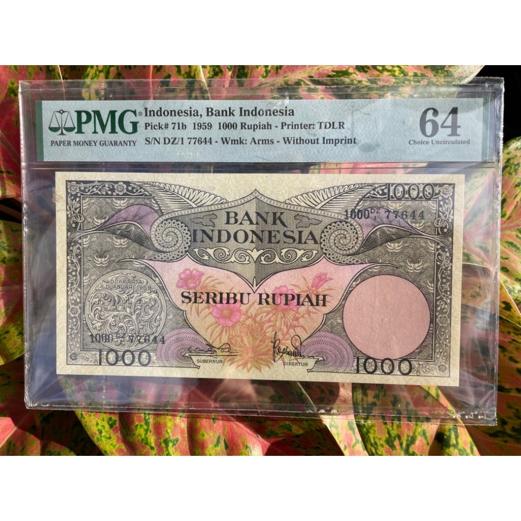 Koleksi U KuNo 1000 Seribu Rupiah Indonesia 1959 Seri Bunga PMG ORI Score 64 / 70 Asli Full Gress Mu