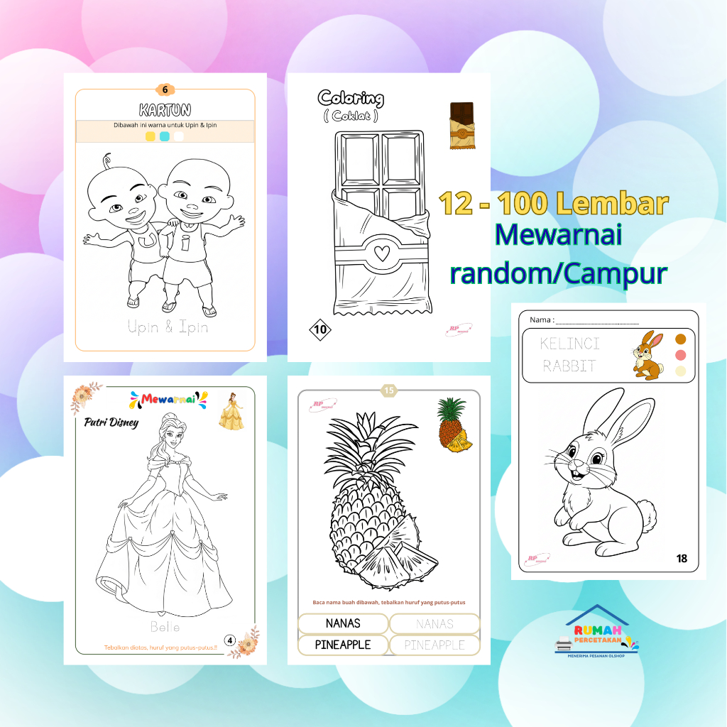 

100 Lembar Mewarnai Random/Campur Coloring Worksheet Color By Number Anak TK PAUD 3-7 Tahun