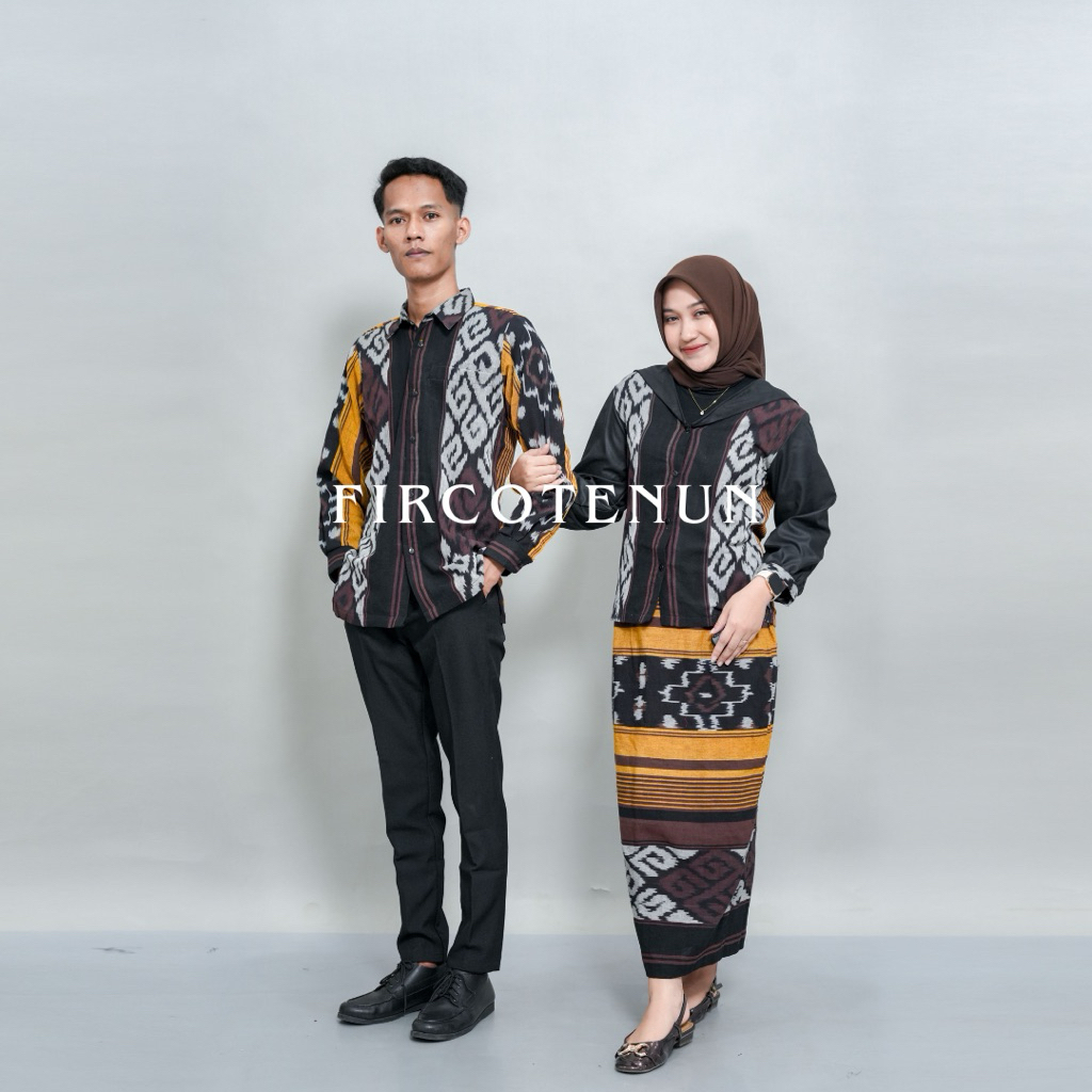 Set Couple Tenun Aruna Coklat - Atasan & Rok Couple Kondangan - One Set Tenun & Kemeja Tenun Pria Mo