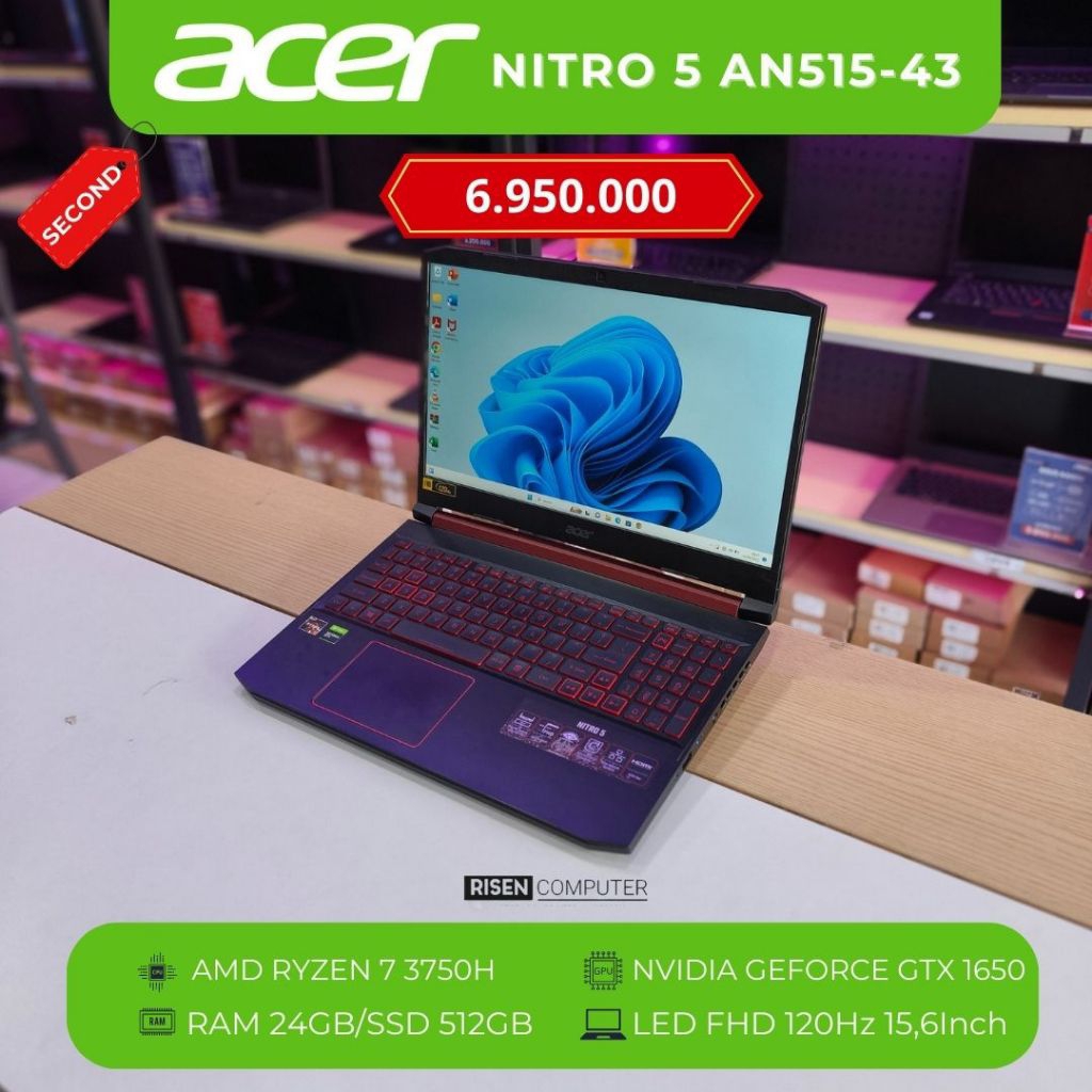 ACER NITRO 5 AN515-43 AMD RYZEN 73750H RAM 24GB SSD 512GB FHD 15.6inch Notebook Second Bekas