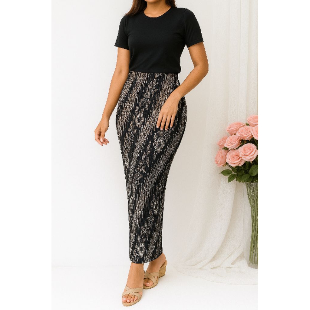 Rok Plisket Batik Wanita Panjang Modis Kekinian Elegan, Outfit Hijab Casual Formal