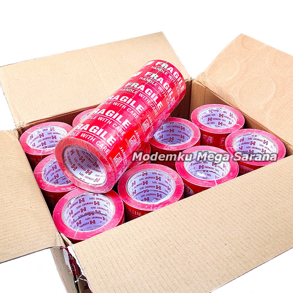

1 Dus Isi 66 pcs - Lakban Fragile Pecah Belah Jangan Dibanting 100 Yard 48 mm Merk Harmony Kuat Rekat Tidak Mudah Putus