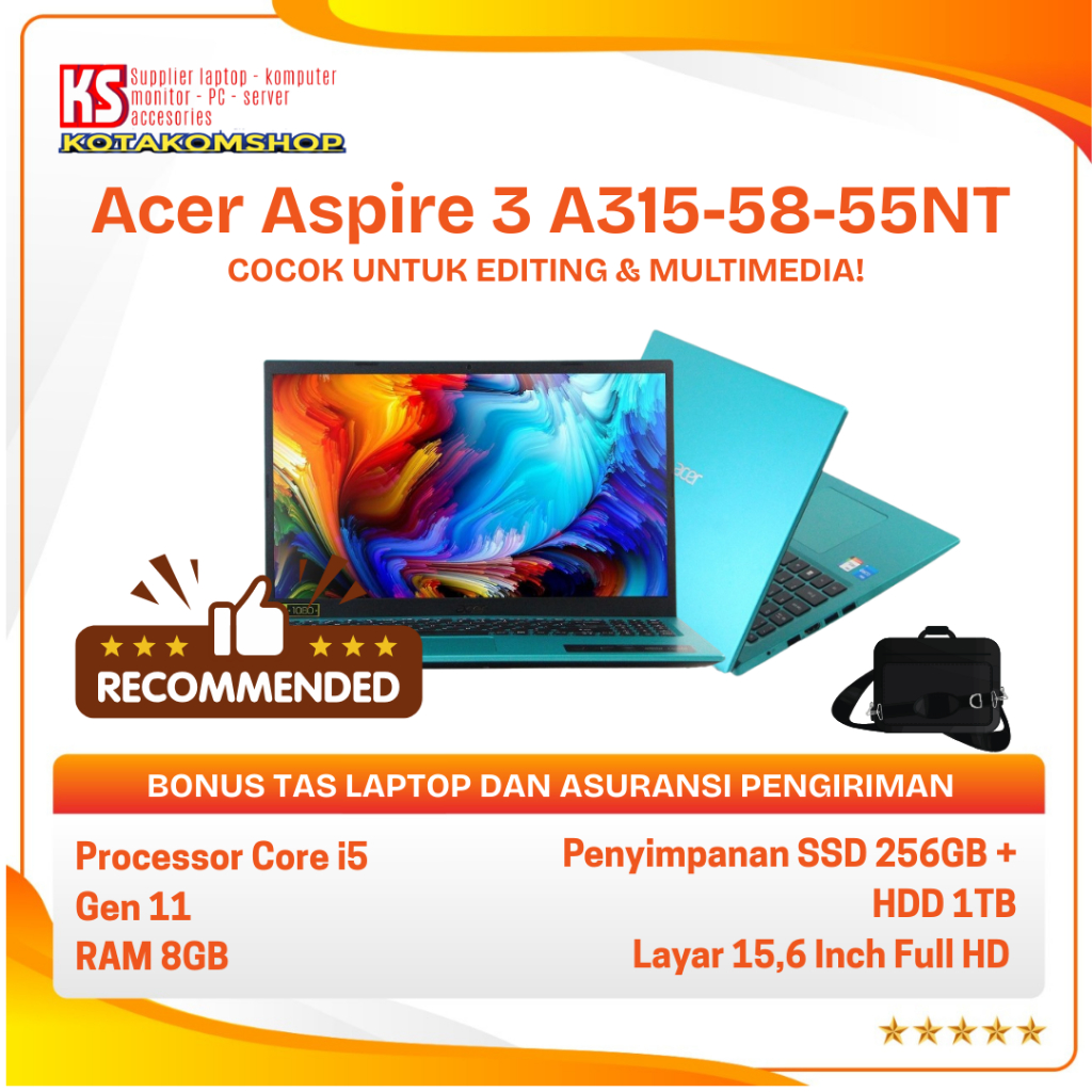 LAPTOP ACER ASPIRE 3 A315-58-55NT CORE I5-1135G7 RAM 8GB SSD 256GB 15.6" FULL HD
