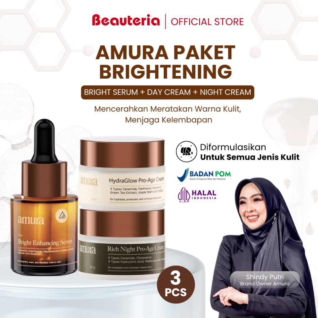 AMURA Paket Brightening Set Bright Serum, Pro-Age Night & Day Cream Optimal Mencerahkan Melembapkan