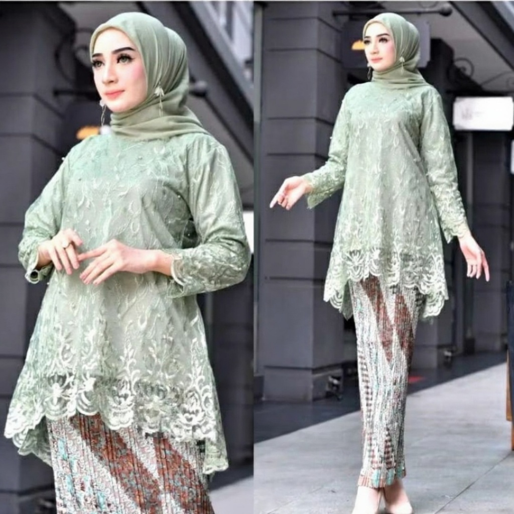 Kebaya Muslim Pesta Warna Hijau Sage/Setelan Kebaya Azkia Wanita Modern Kekinian Aneka Pilihan Warna