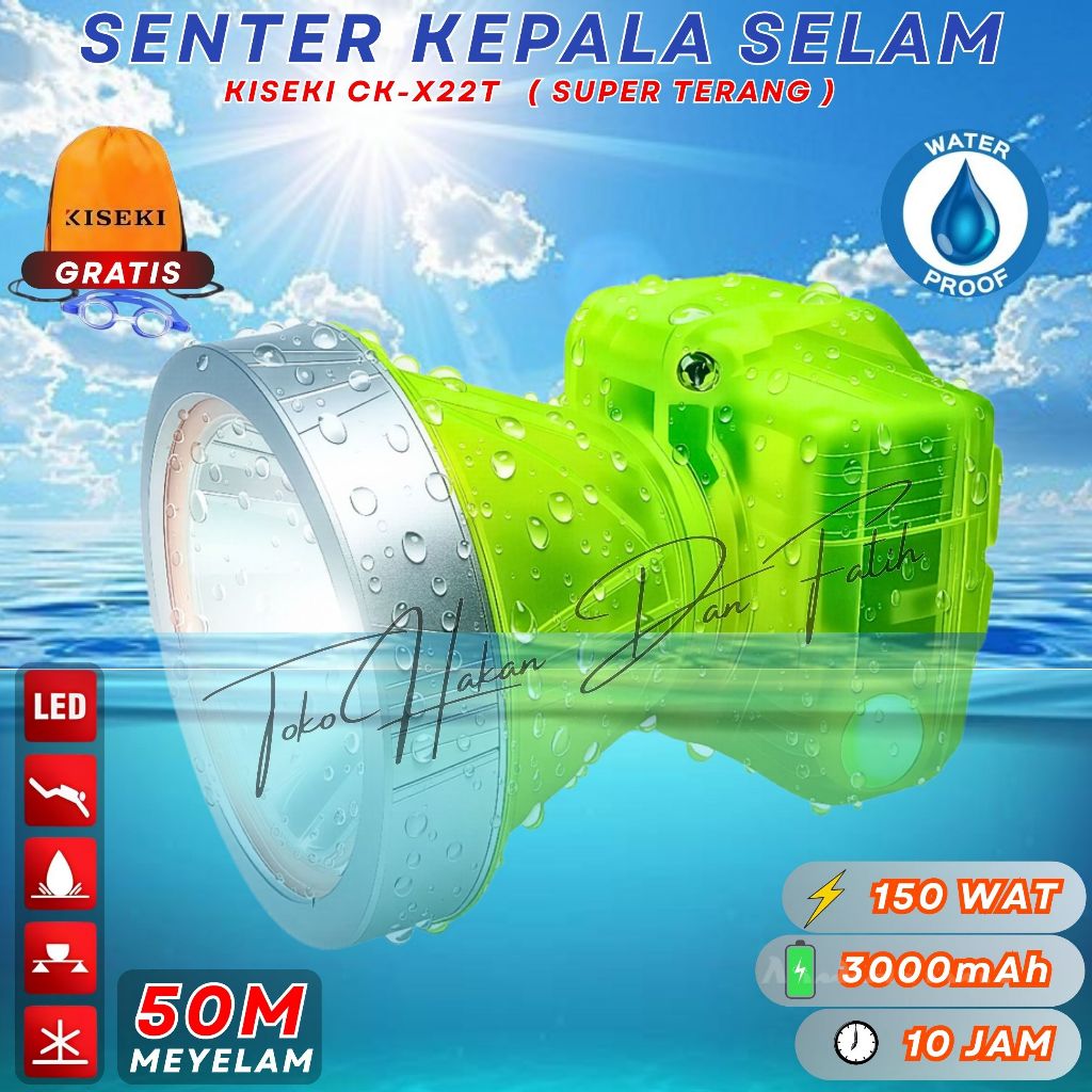 Kiseki ck-x22t Senter Kepala Selam Super Terang Body Transparan , fee kaca mata renang & charger