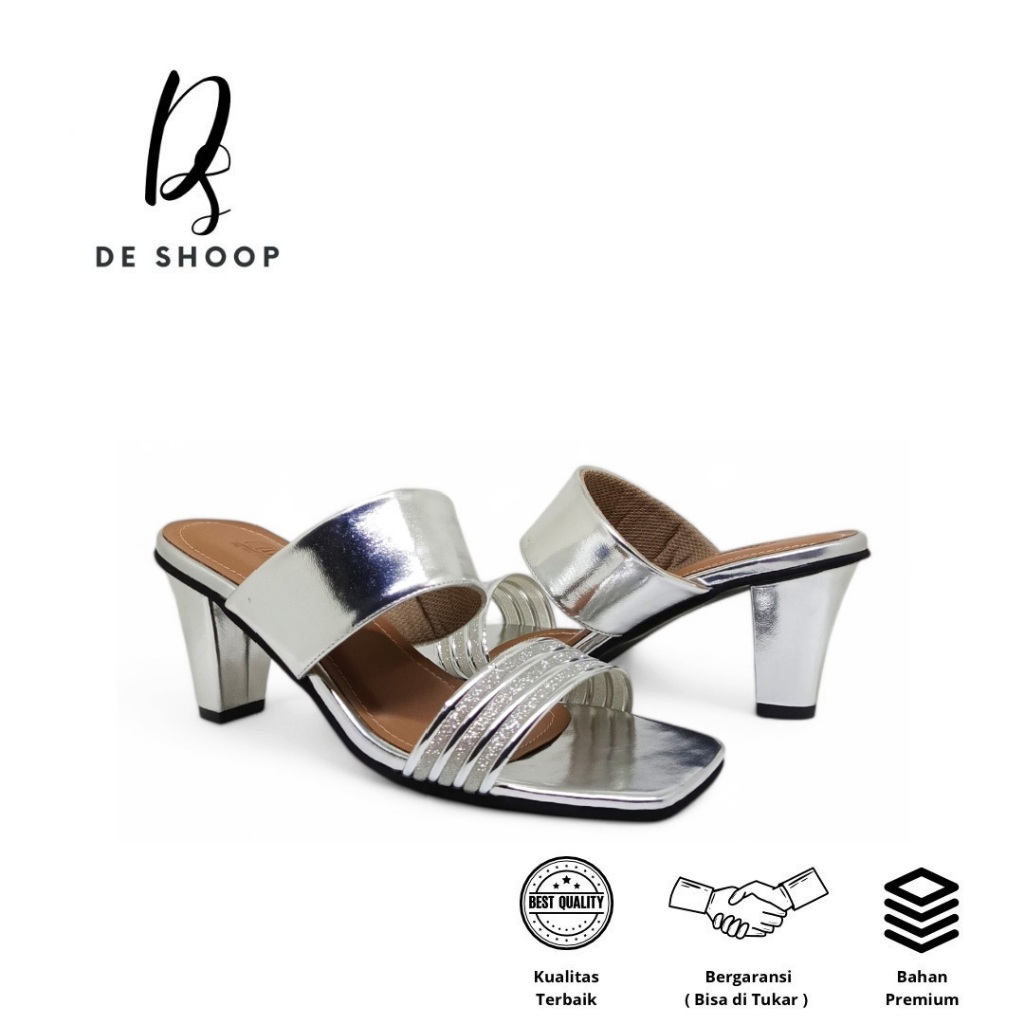 DeShoop Magdalena Sandal Heels Pesta 7cm Wanita Ukuran Jumbo Heels Tampilan Mewah Silver 177 Edition
