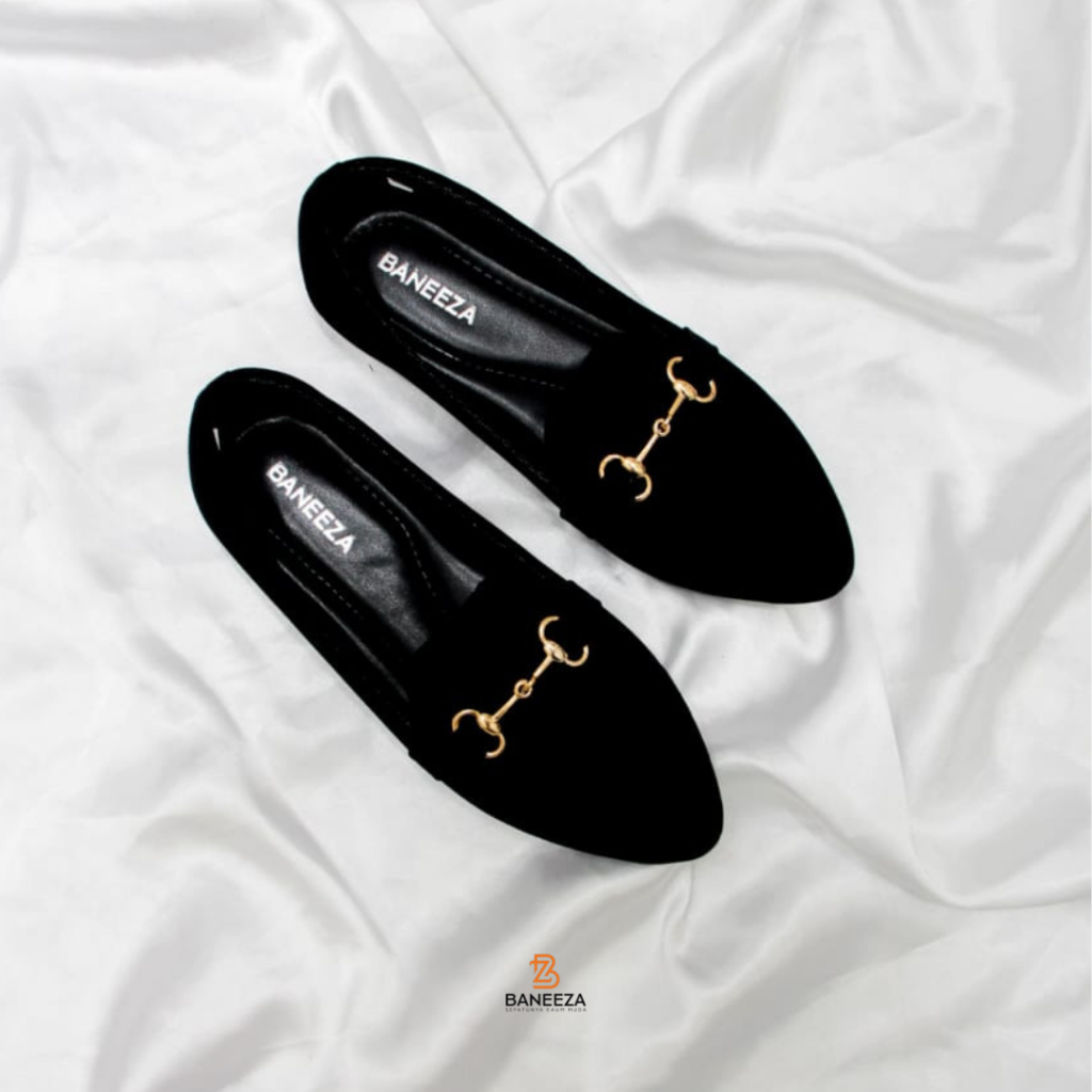 Baneeza Laura Sepatu Flatshoes Wanita Sol Karet Hitam Lancip Kekinian