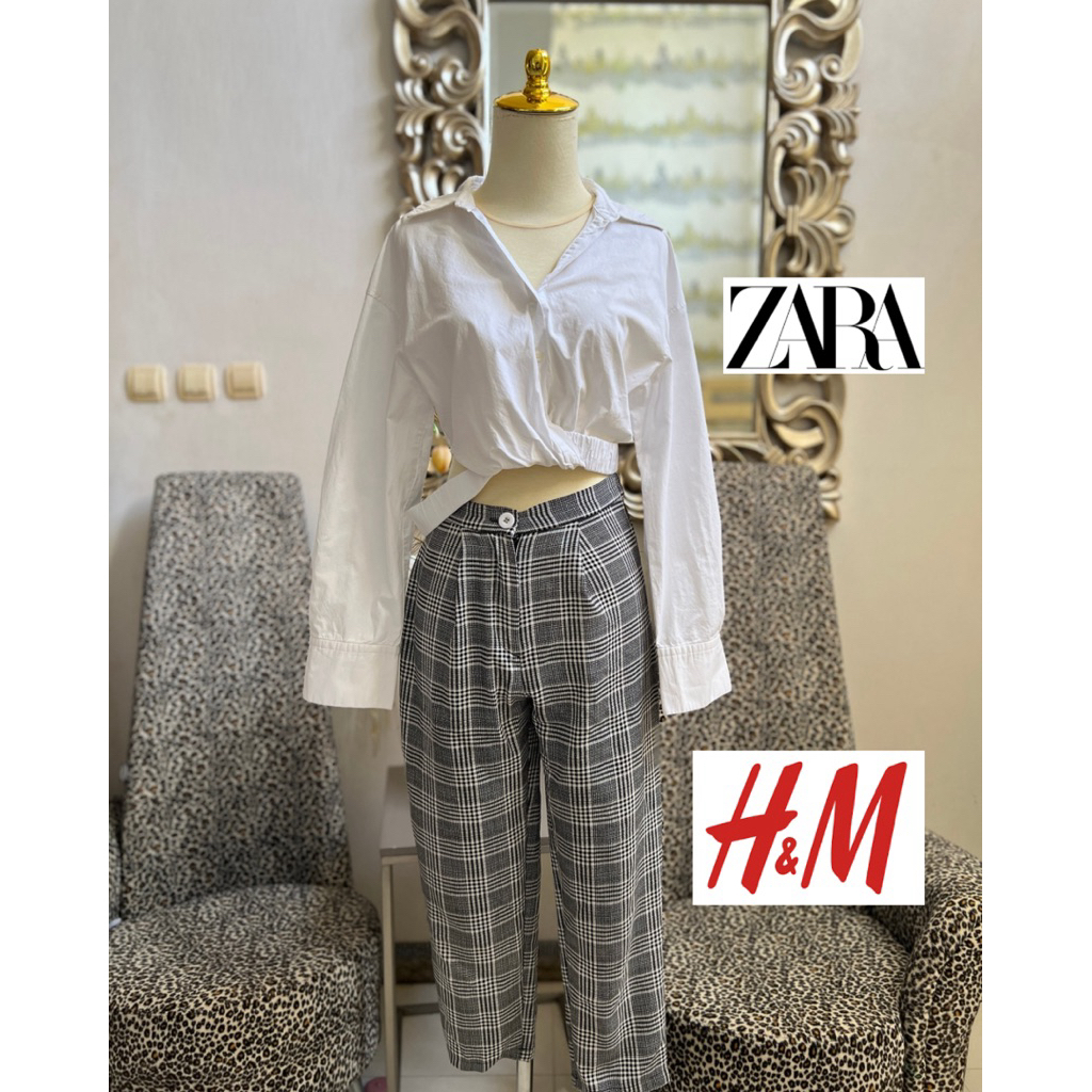 Zara kemeja crop & h&m motif pants