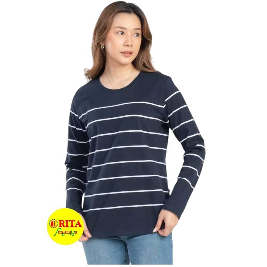 C2 Atasan Kaos Wanita Motif Garis Lengan Panjang Kekinian