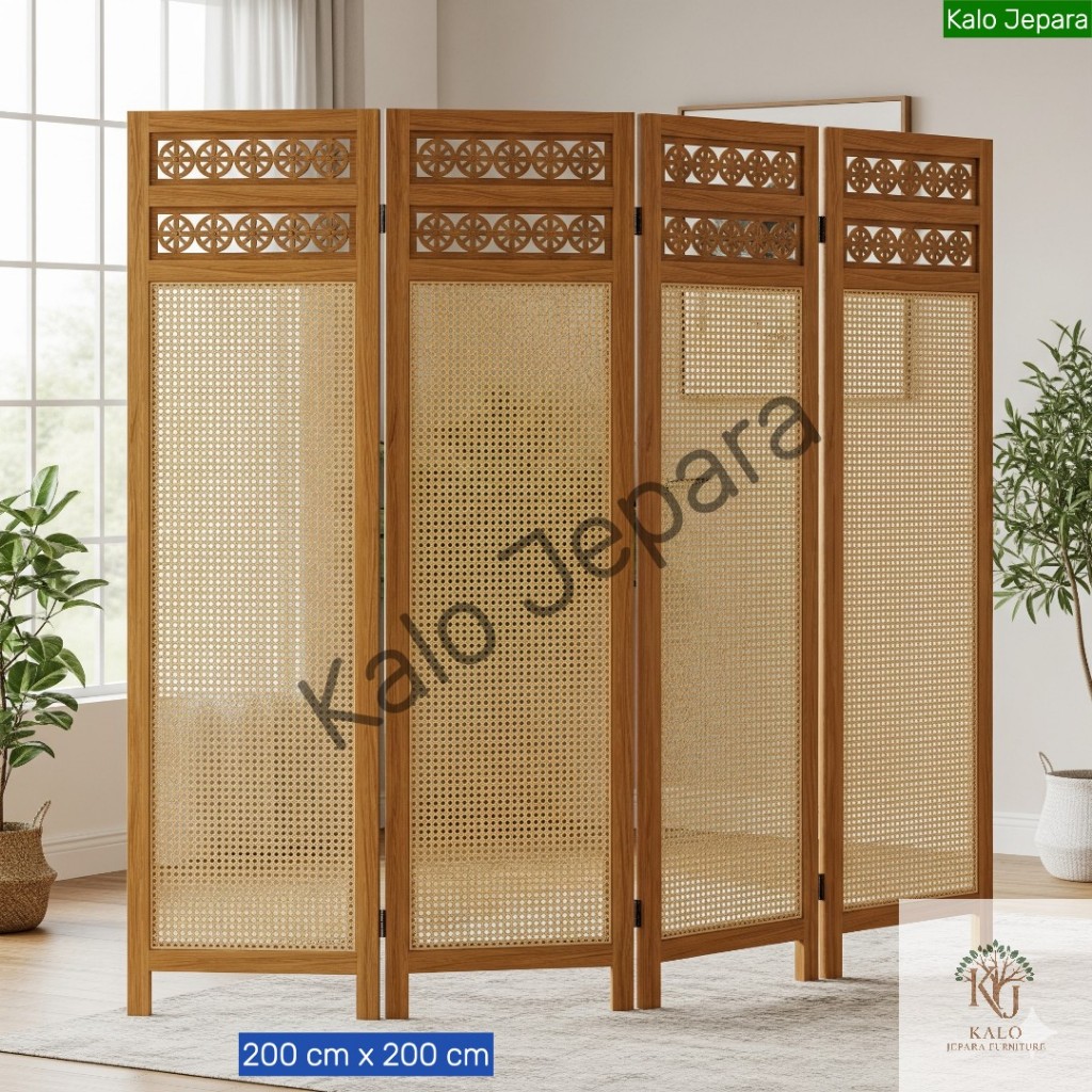 Partisi Sketsel Penyekat Ruang Rotan Alami Model Lipat Ukir Minimalis Divider Ruangan
